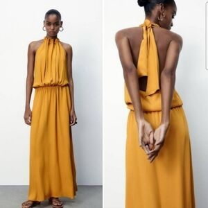 Zara Limited Edition Halter Maxi Dress In Yellow With Pockets Size M.